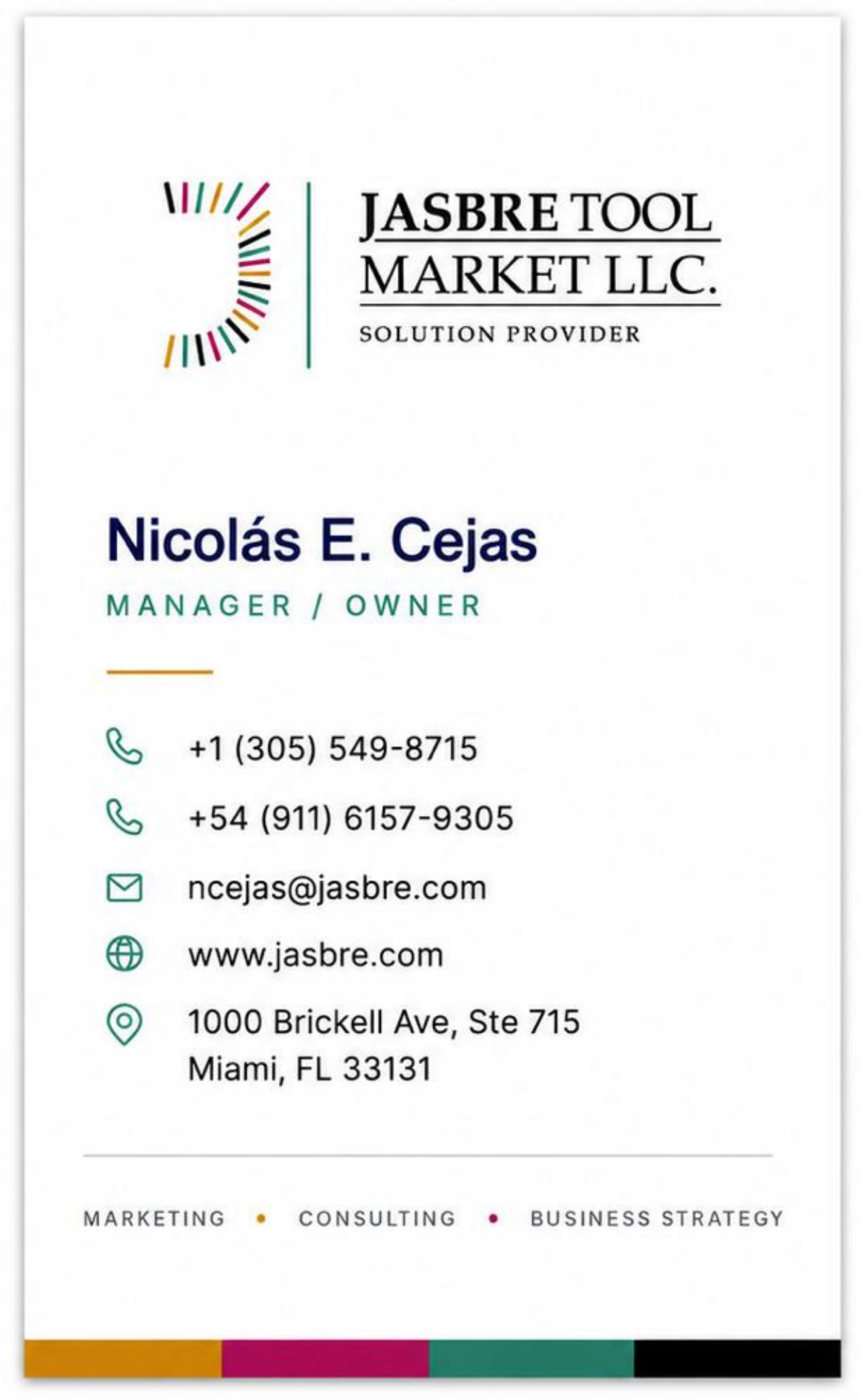 JASBRE business card — front